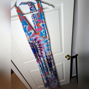 India Boutique Halter dress Blue multicolor High low hem one size NWT